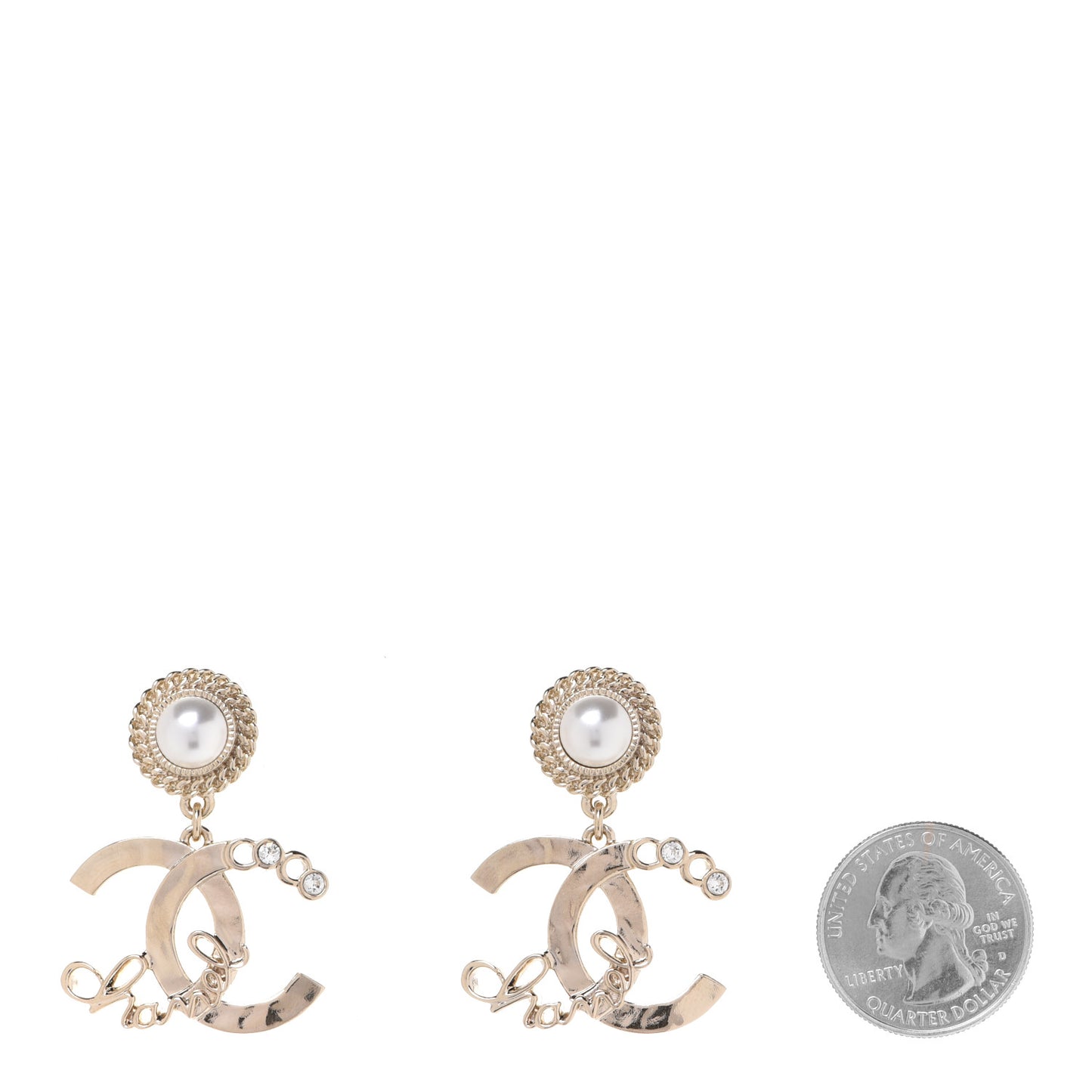Metal Pearl Crystal Coco Script CC Drop Earrings Gold