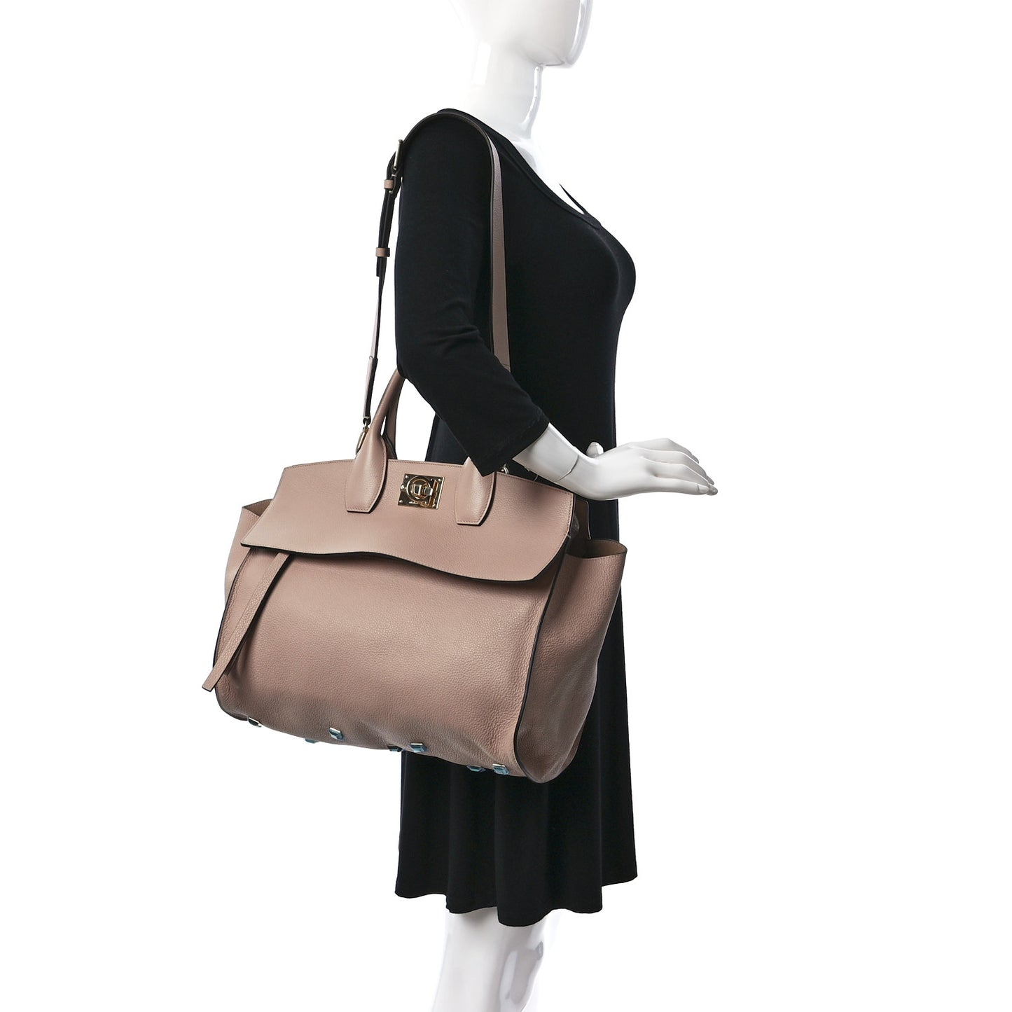 Hammered Calfskin Medium Studio Top Handle Bag Beige