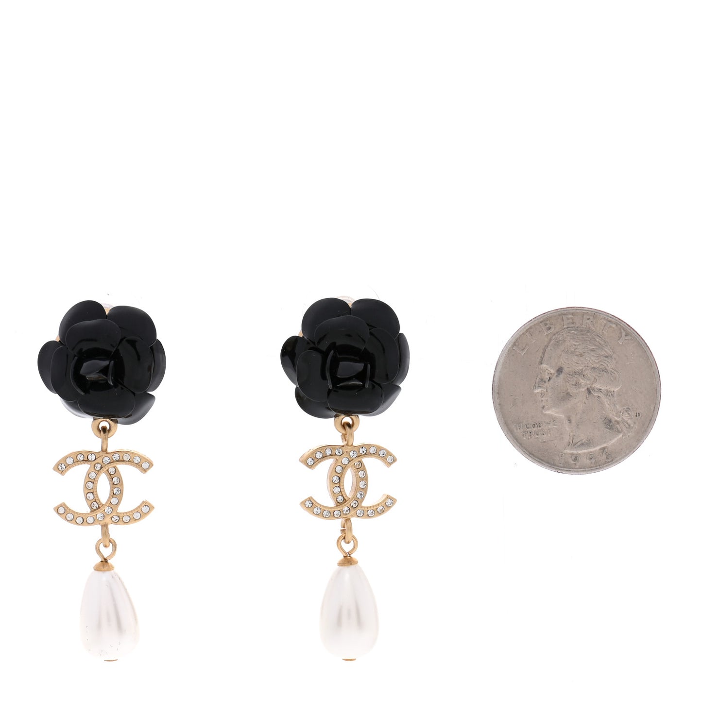Enamel Crystal Pearl CC Camellia Drop Earrings Black Gold