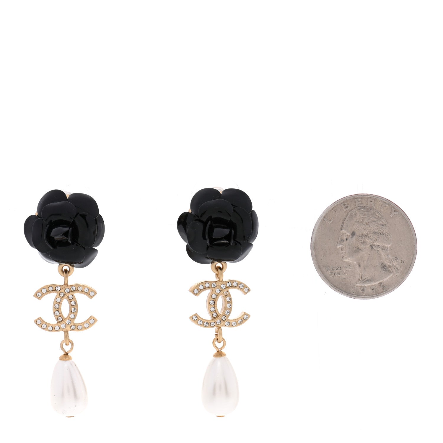 Chanel Enamel Crystal Pearl CC Camellia Drop Earrings Black Gold 2 of 4