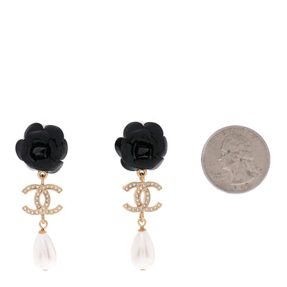 Chanel Enamel Crystal Pearl CC Camellia Drop Earrings Black Gold 2 of 4