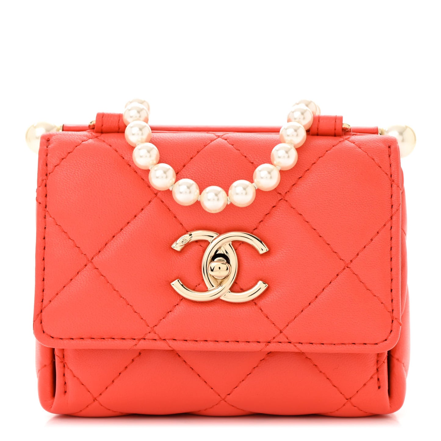 Lambskin Pearl Quilted Flap Clutch With Chain Coral