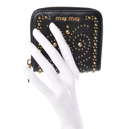 Miu Miu Goatskin Studded Madras Zip Compact Wallet Black 2 of 7