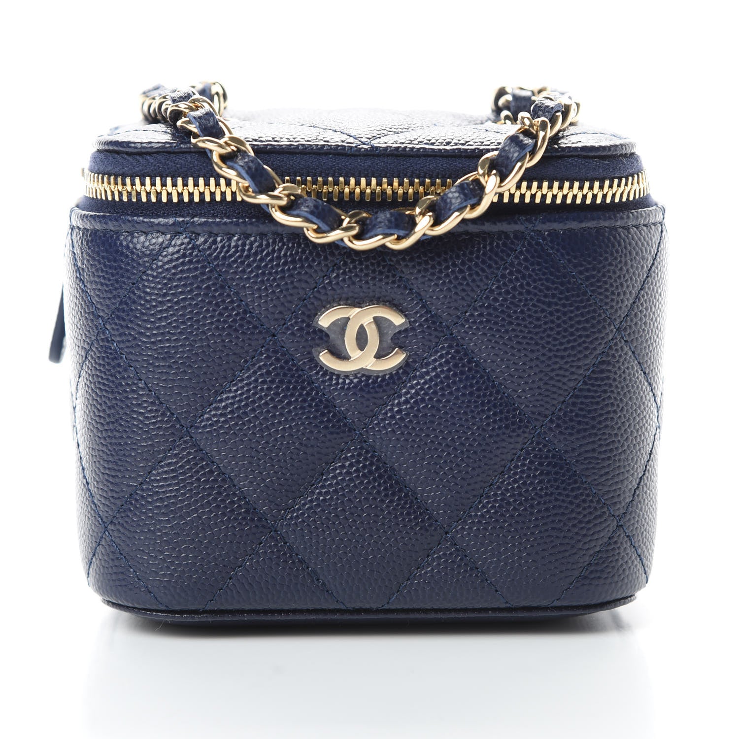 Chanel Caviar Quilted Mini Vanity Case With Chain Navy Blue 701643