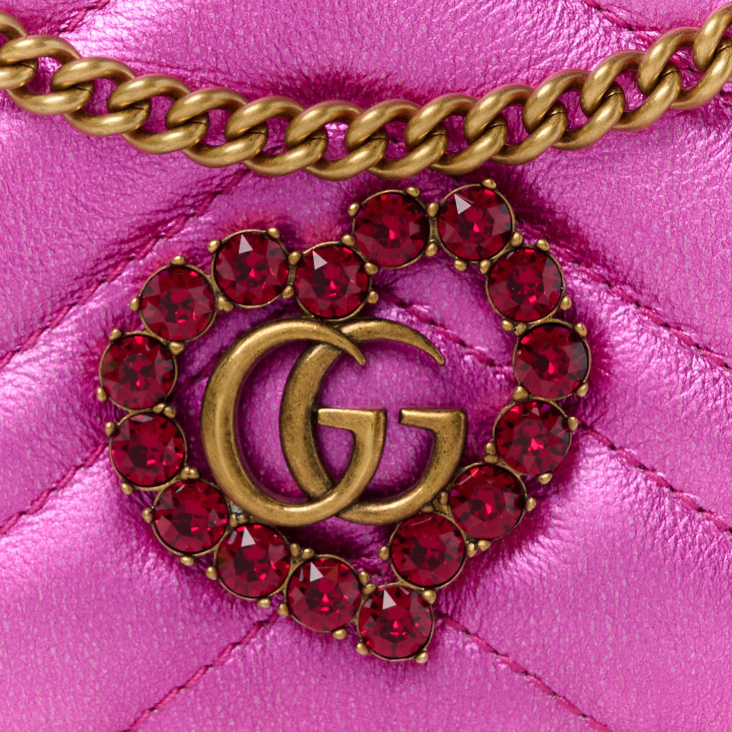 Gucci Metallic Calfskin Matelasse Crystal GG Marmont Mini Bag Fuchsia 7 of 10