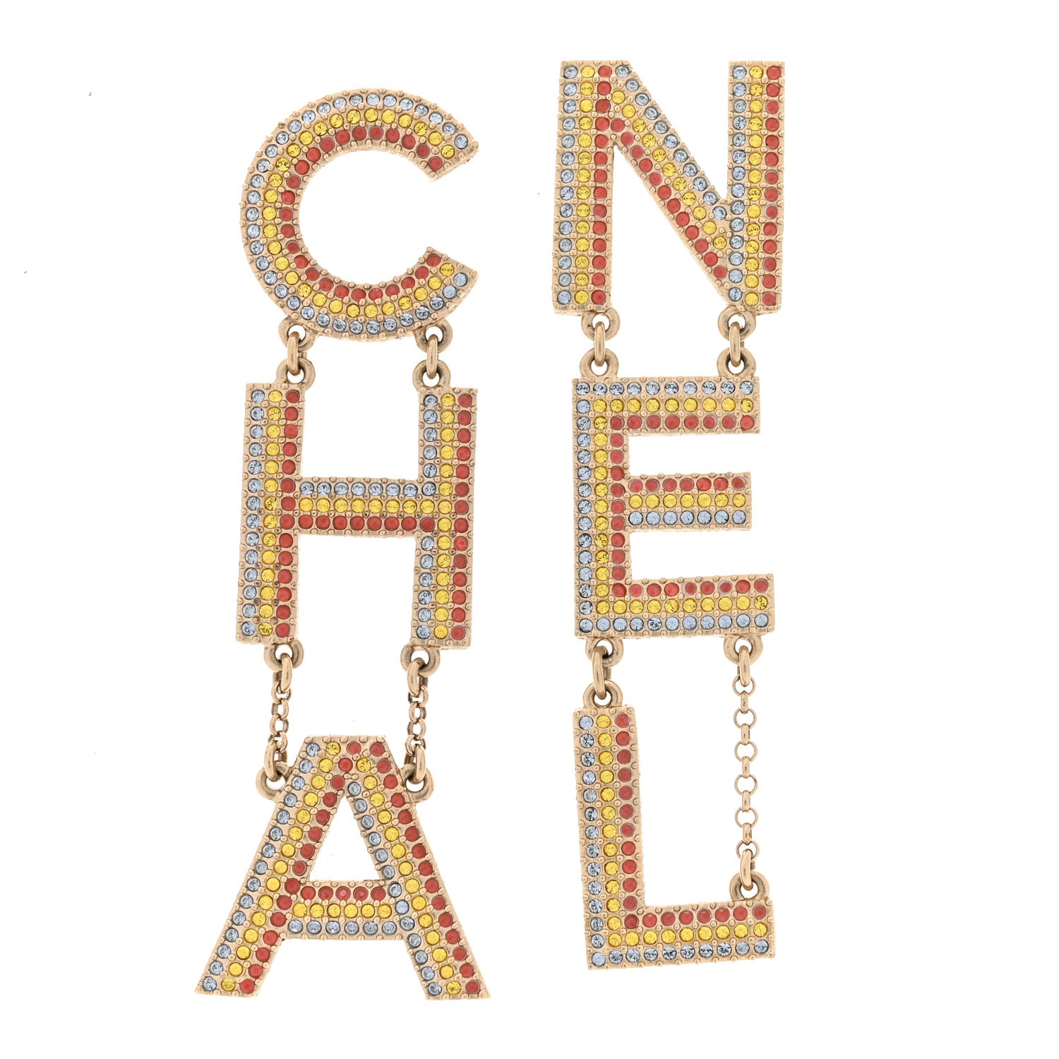 Chanel Metal Crystal Rainbow Cha-Nel Logo Drop Earrings Multicolor Gold 1 of 5