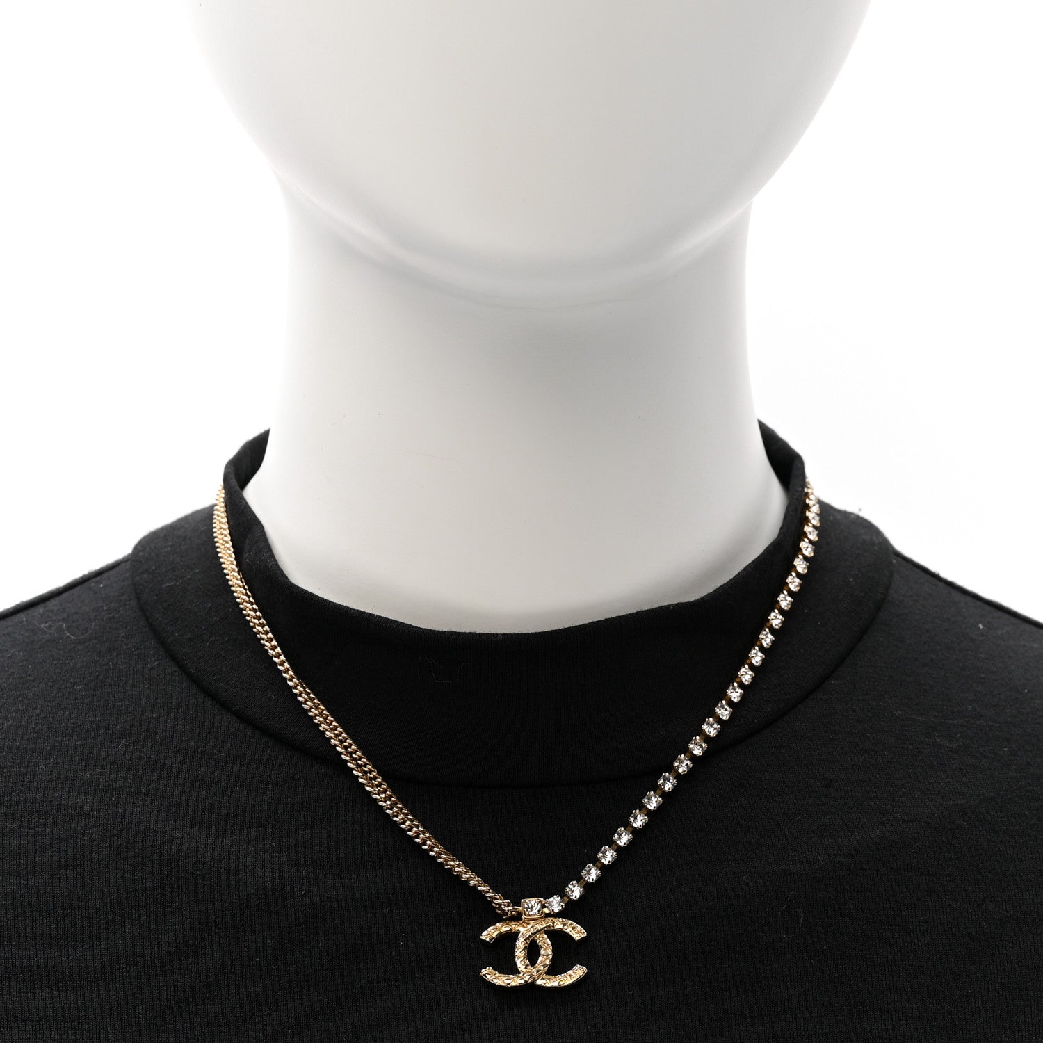 Chanel Metal Crystal Quilted CC Pendant Necklace Gold 2 of 6