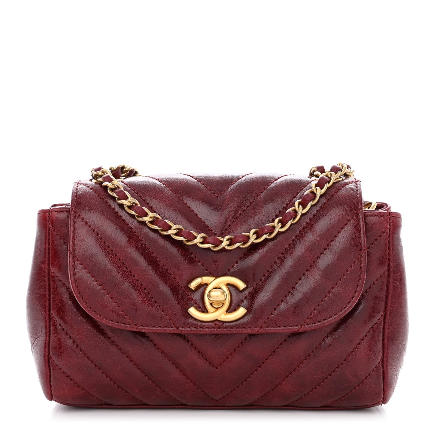 Glazed Calfskin Chevron Quilted Small Hampton Flap Burgundy