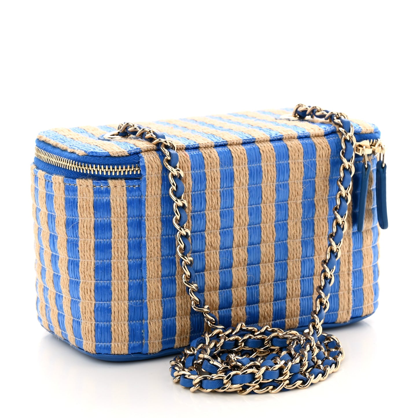 Raffia Jute Striped Small Vanity Case With Chain Blue Beige