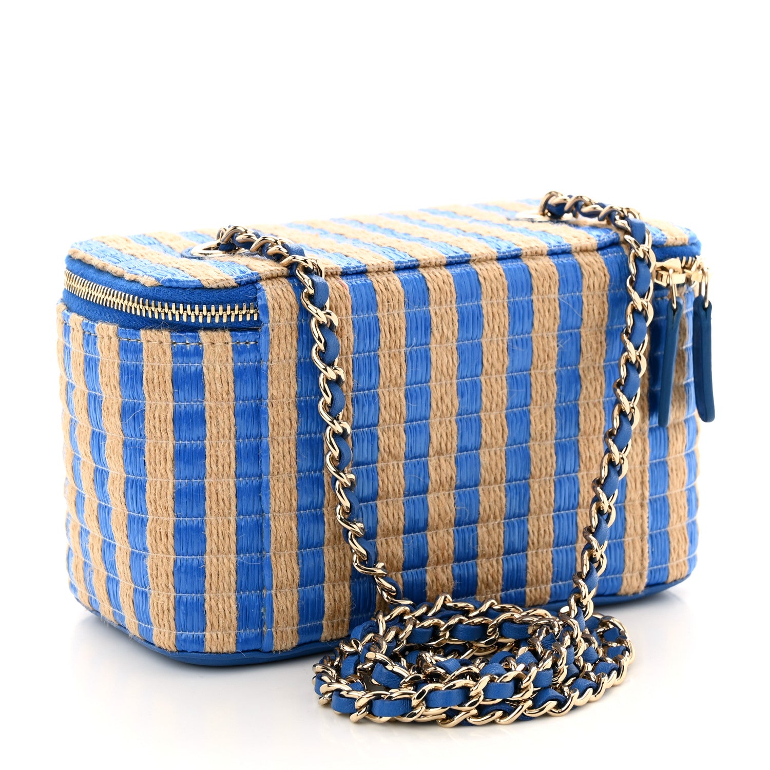 Chanel Raffia Jute Striped Small Vanity Case With Chain Blue Beige 3 of 10