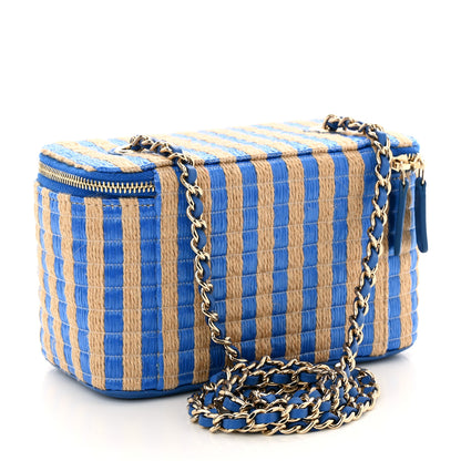 Chanel Raffia Jute Striped Small Vanity Case With Chain Blue Beige 3 of 10