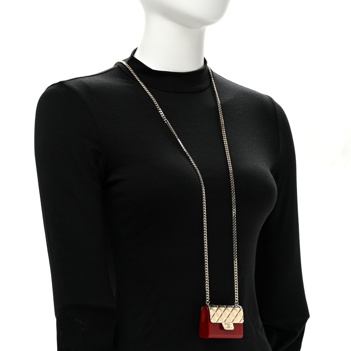 Metal Resin Lambskin Flap Bag Long Necklace Gold Red
