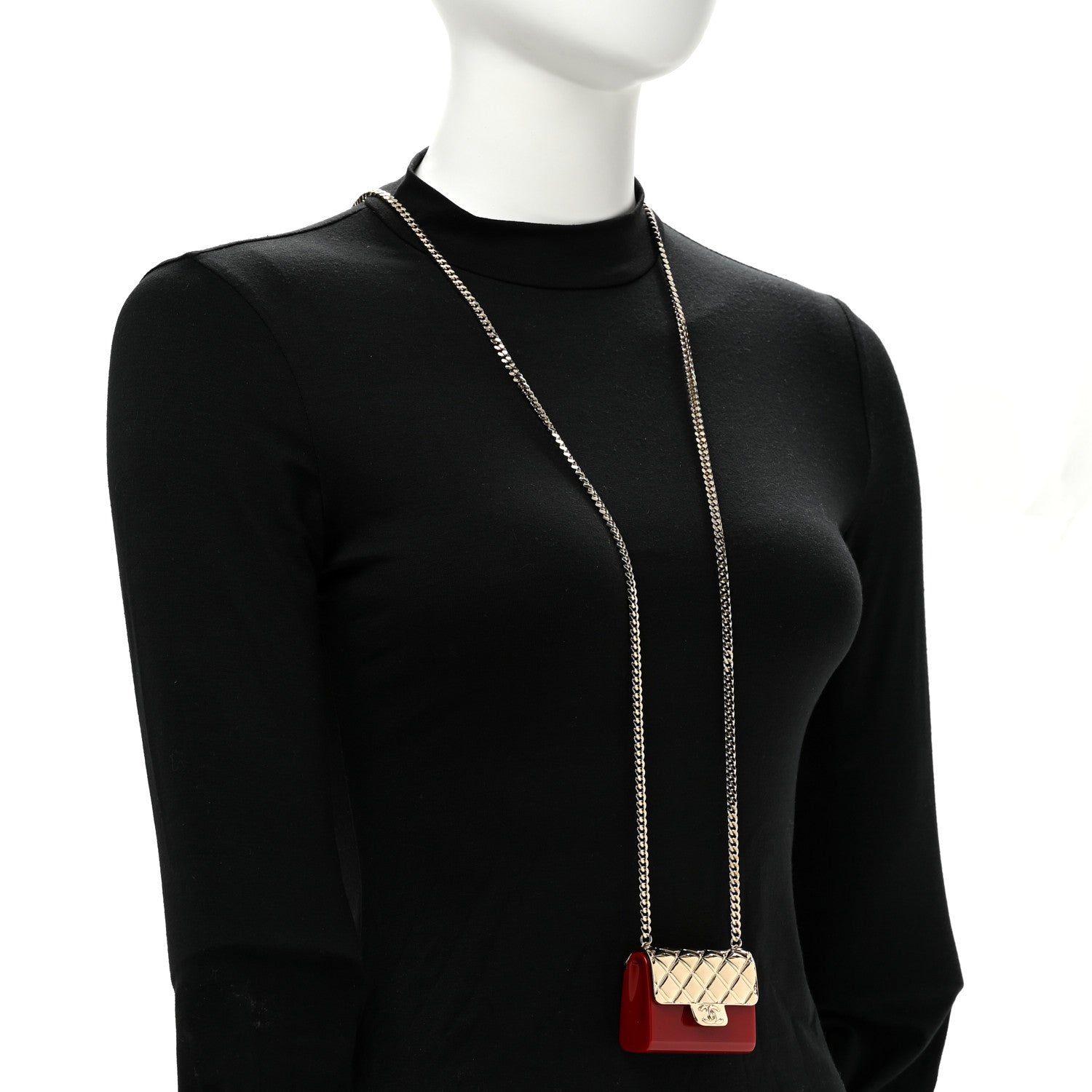 Chanel Metal Resin Lambskin Flap Bag Long Necklace Gold Red 2 of 5