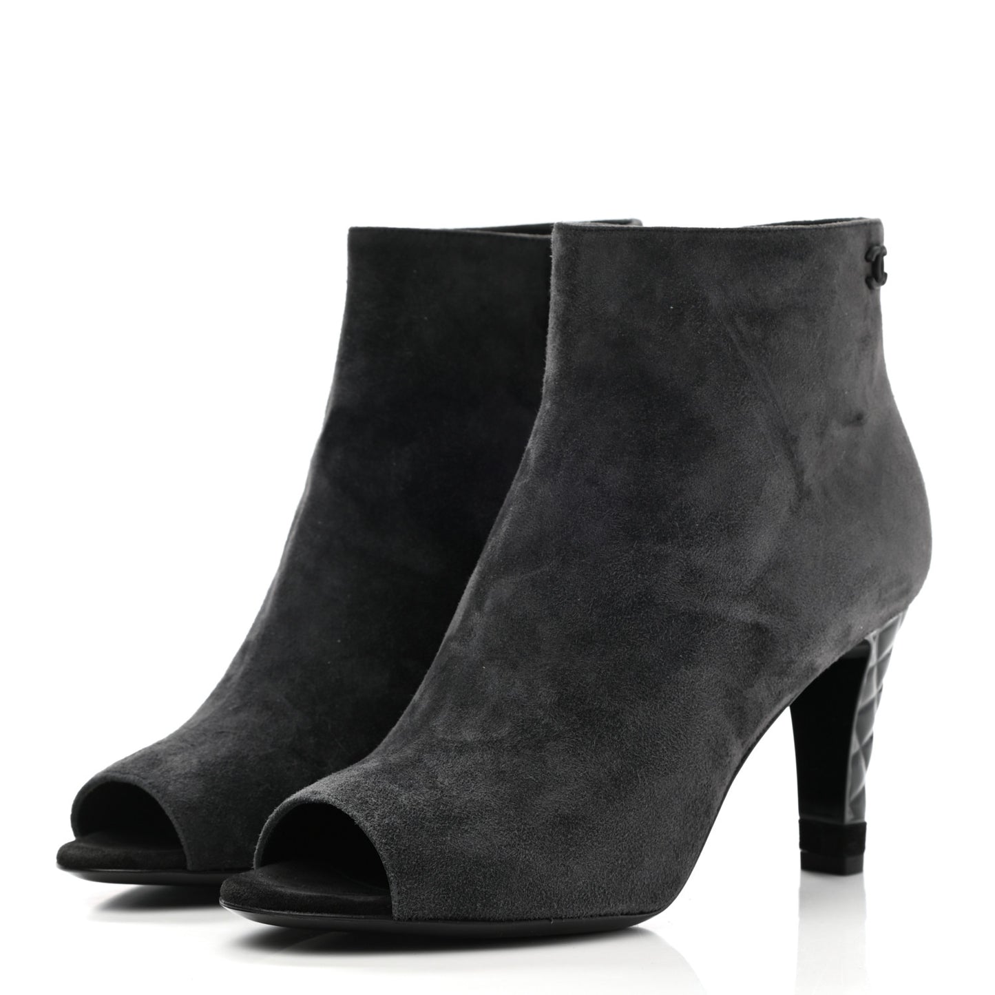 Suede Calfskin Patent Quilted Peep Toe Short Boots 37 Dark Grey