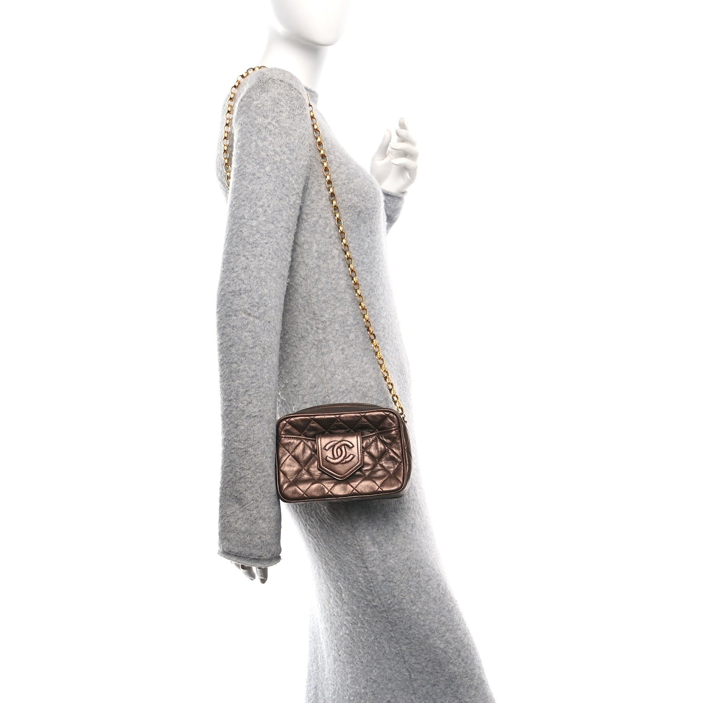 Metallic Lambskin Quilted Tassel Camera Case Bronze