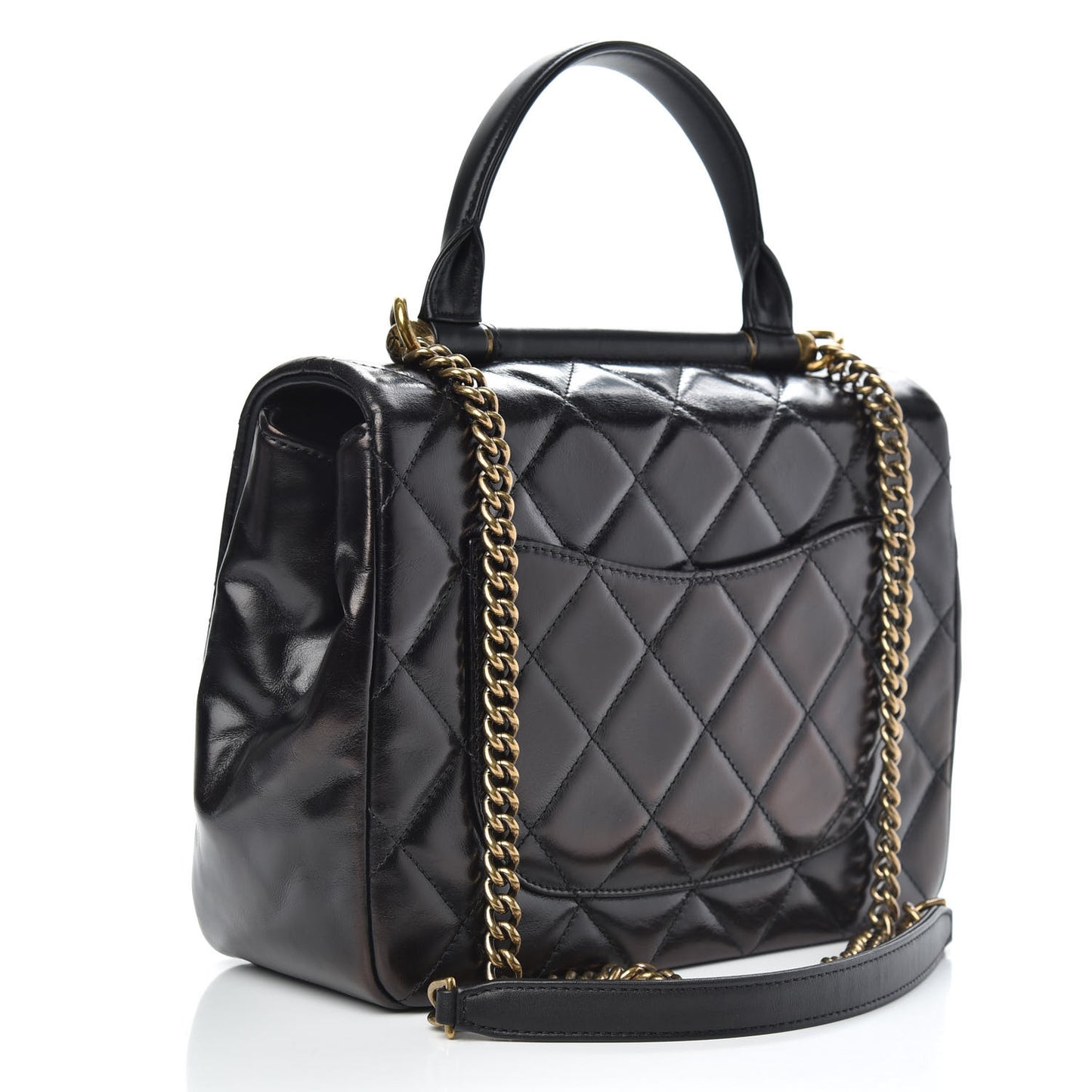 Glazed Calfskin Quilted Medium Gold Bar Top Handle Flap Black