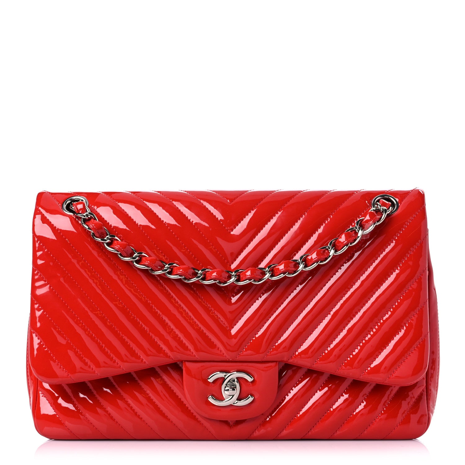 Chanel Patent Chevron Quilted Jumbo Double Flap Red 1 of 8