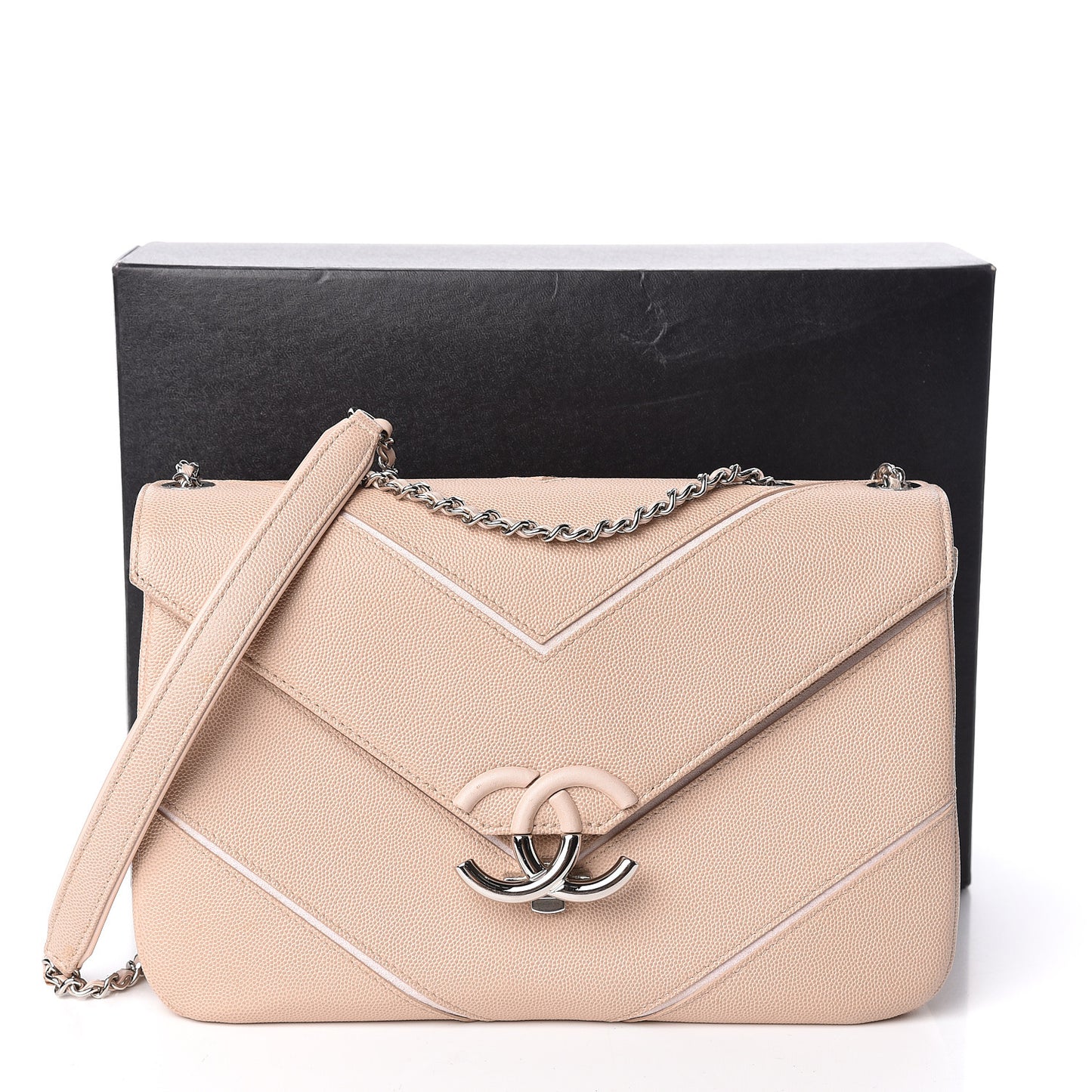 Caviar Macro Chevron Single Flap Beige
