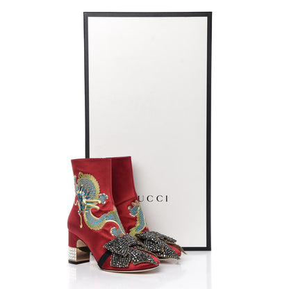 Gucci Silk Satin Malaga Kid Embroidered Candy Dragon Block-Heel Ankle Boot 38.5 Hibiscus Red 13 of 13