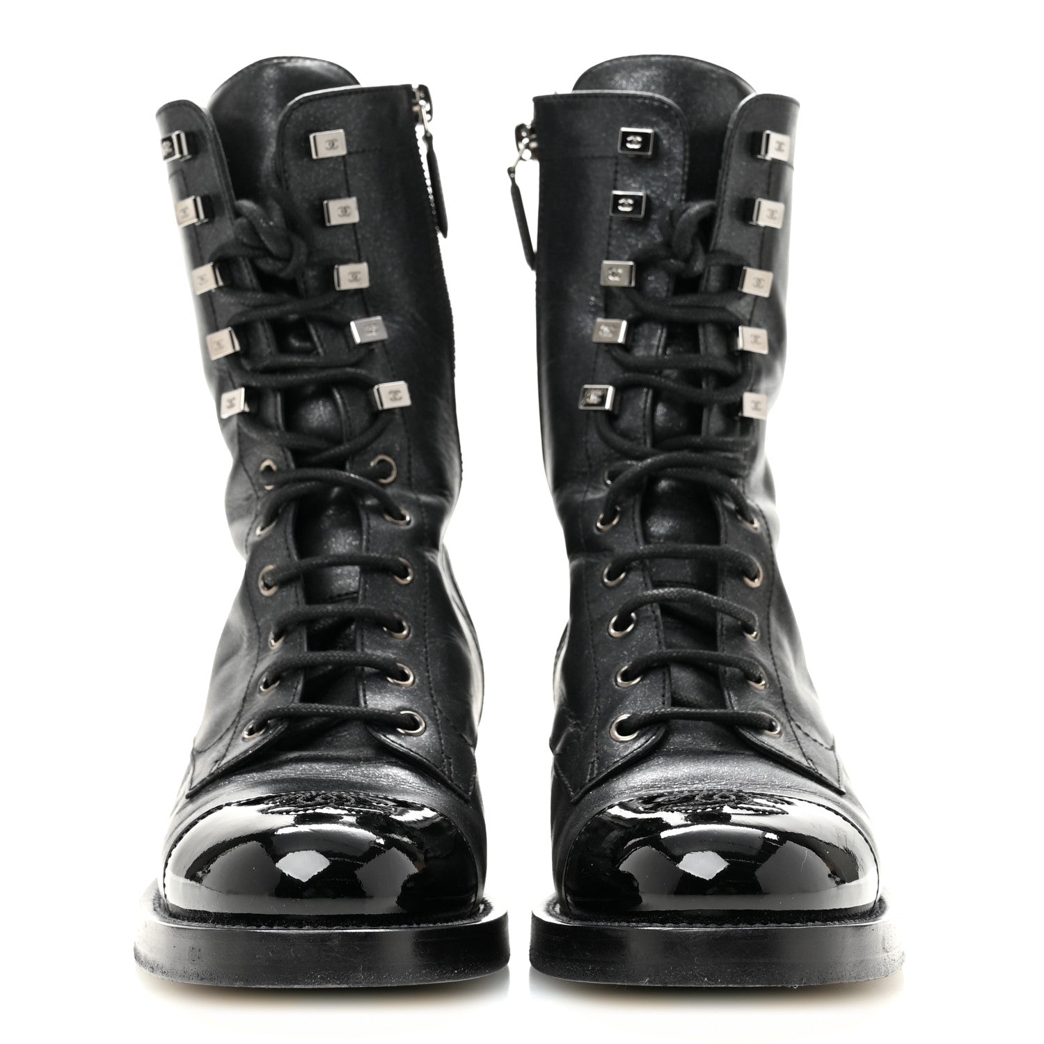 Chanel Iridescent Calfskin Patent Cap Toe Lace Up Combat Boots 38 Black 3 of 11
