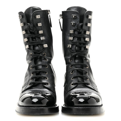 Chanel Iridescent Calfskin Patent Cap Toe Lace Up Combat Boots 38 Black 3 of 11