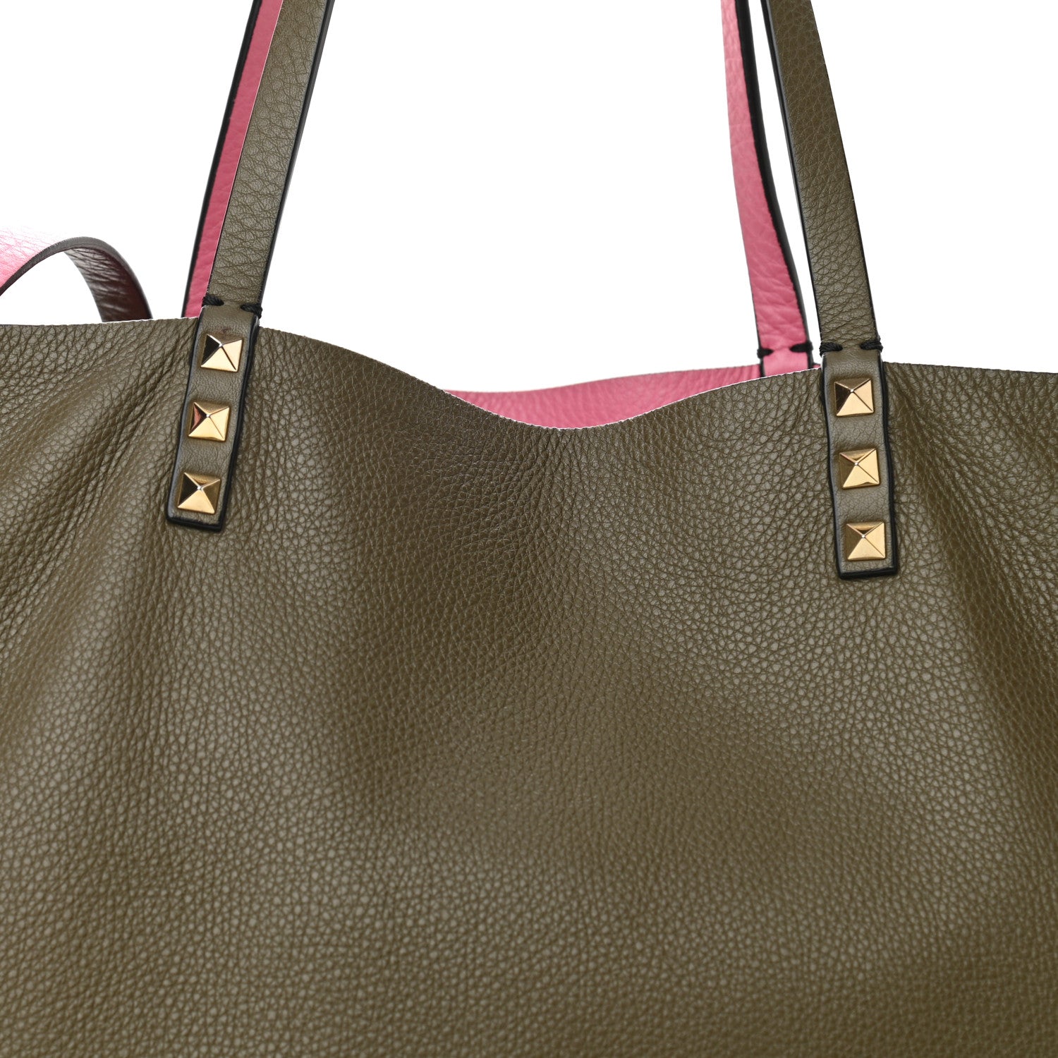 Valentino Garavani Grained Calfskin Medium Rockstud Reversible Tote Army Green Pink 9 of 16