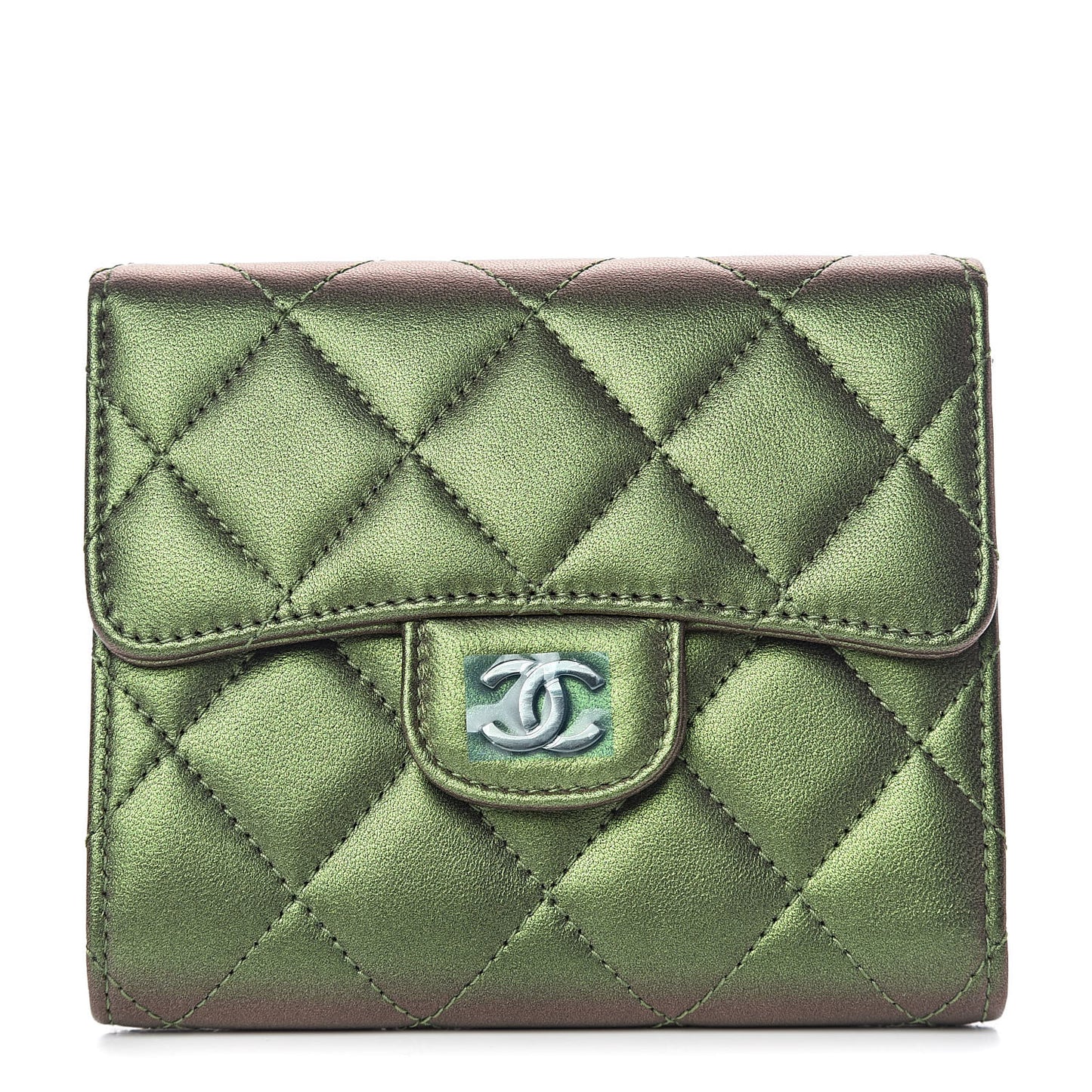 Iridescent Lambskin Quilted Small Compact Wallet Green
