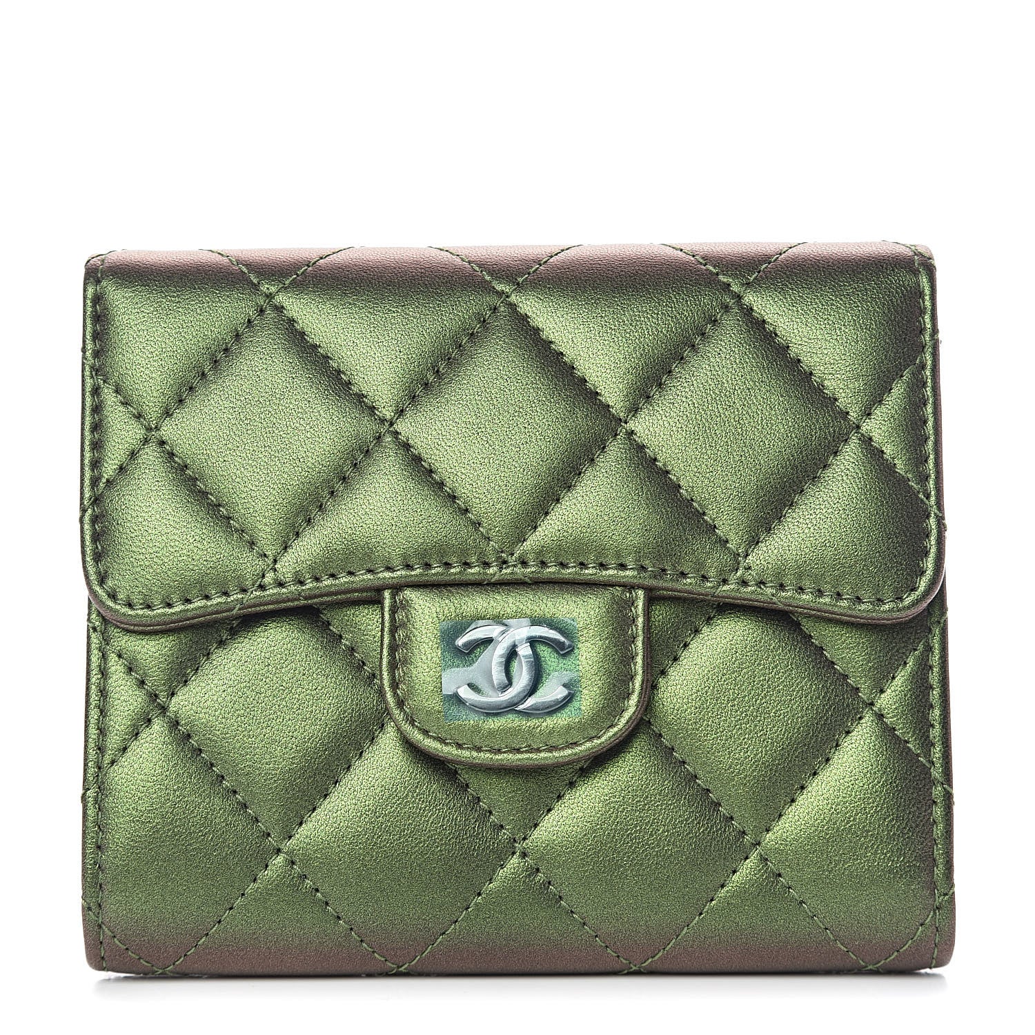 Chanel Iridescent Lambskin Quilted Small Compact Wallet Green 1 of 11