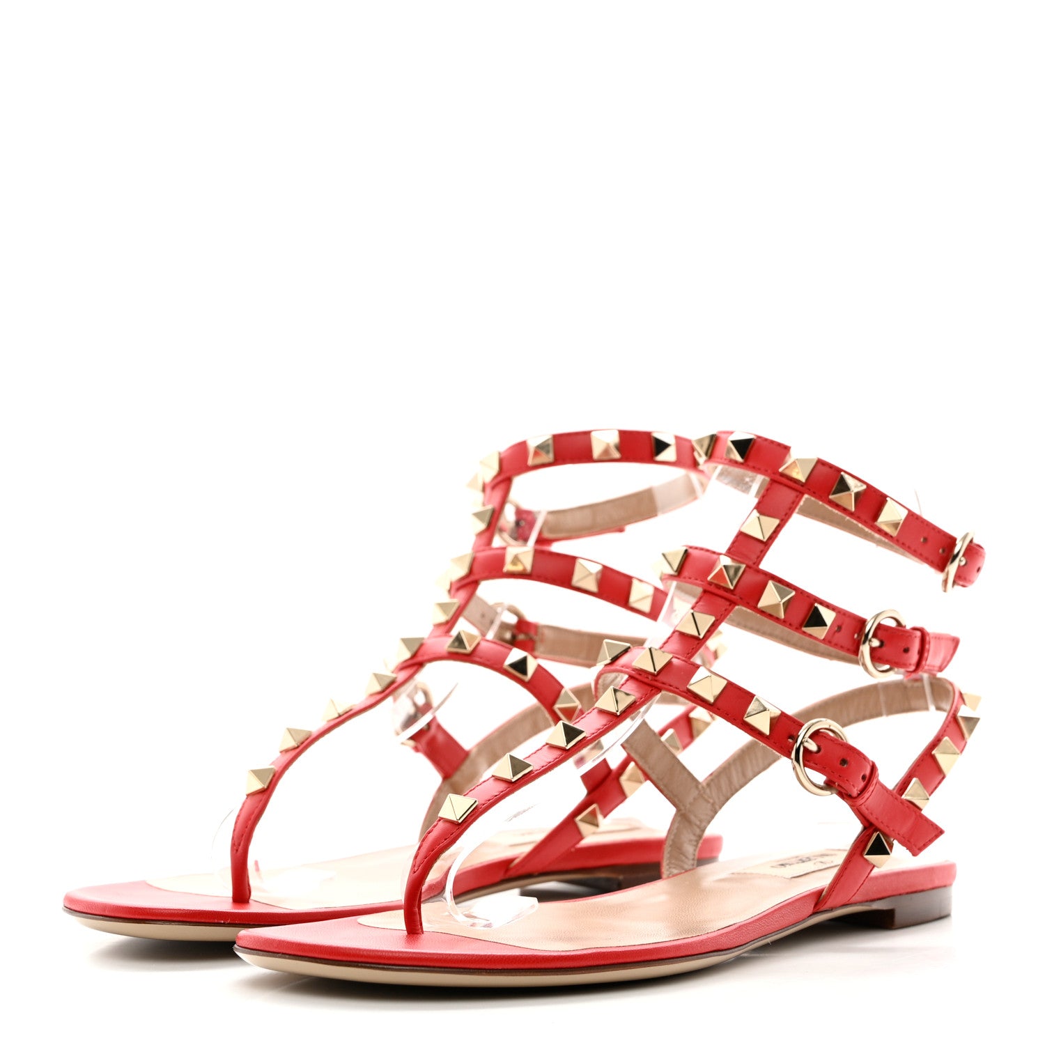 Valentino Garavani Calfskin Nappa Rockstud Ankle Wrap Flat Thong Sandals 35 Rouge Pur 3 of 12