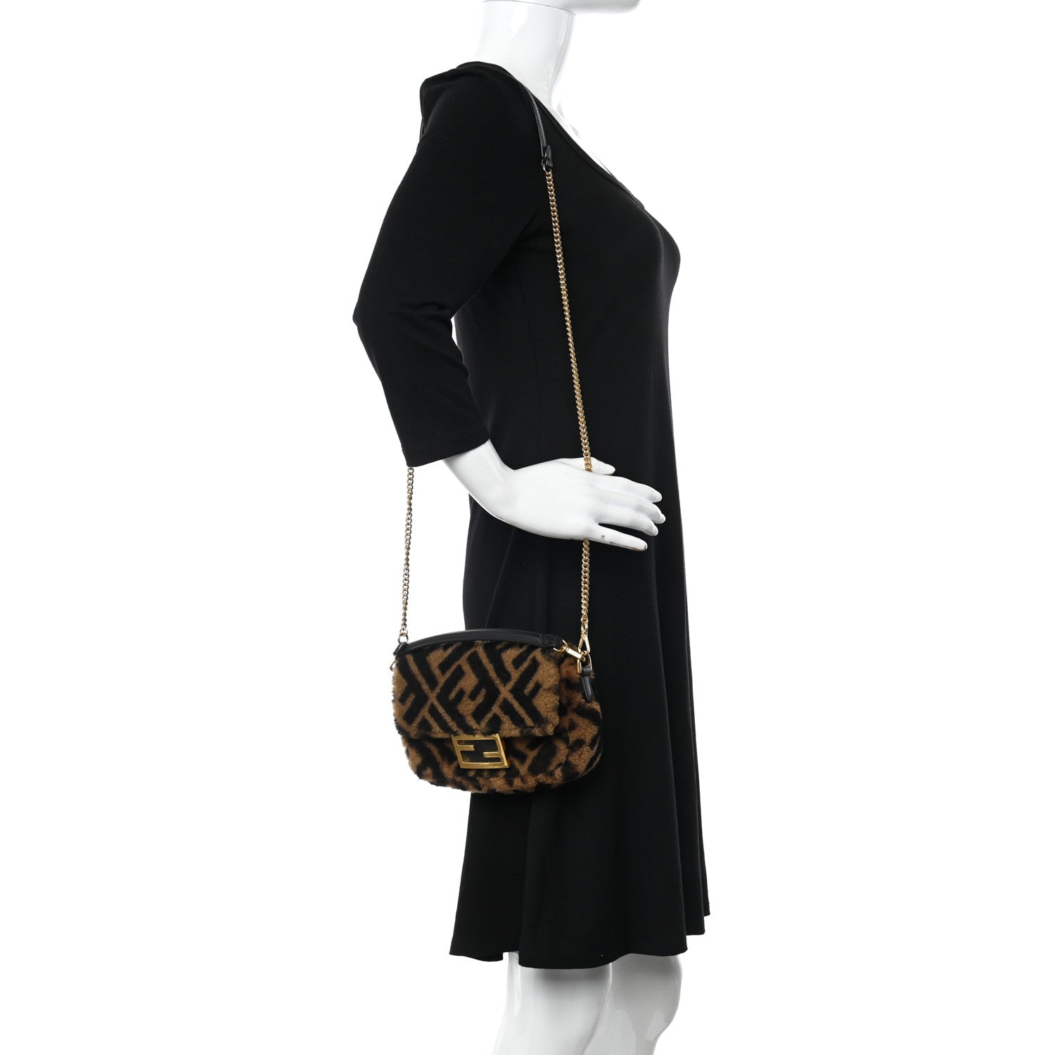 Fendi Shearling Vitello Dolce Macro FF 1974 Mini Baguette Tobacco Black 2 of 12