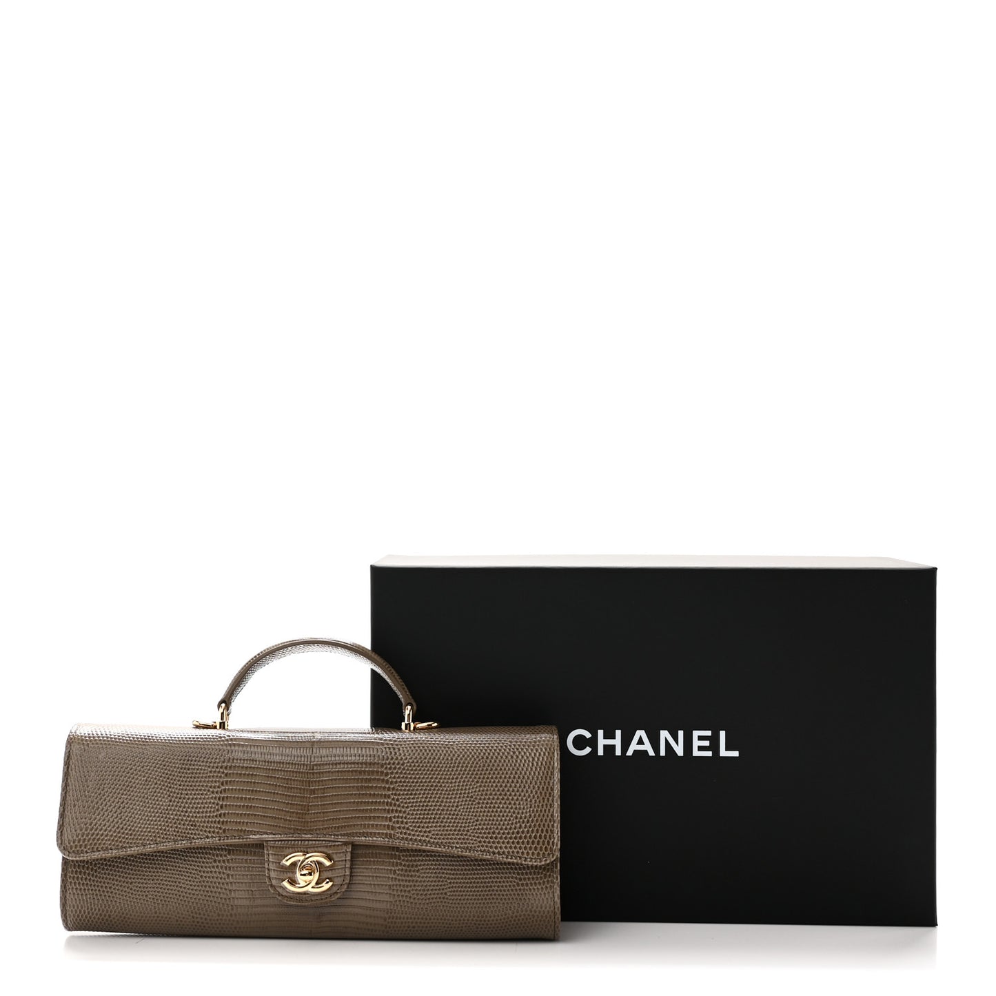 Calfskin Lizard Embossed Top Handle Long Clutch With Chain Dark Khaki