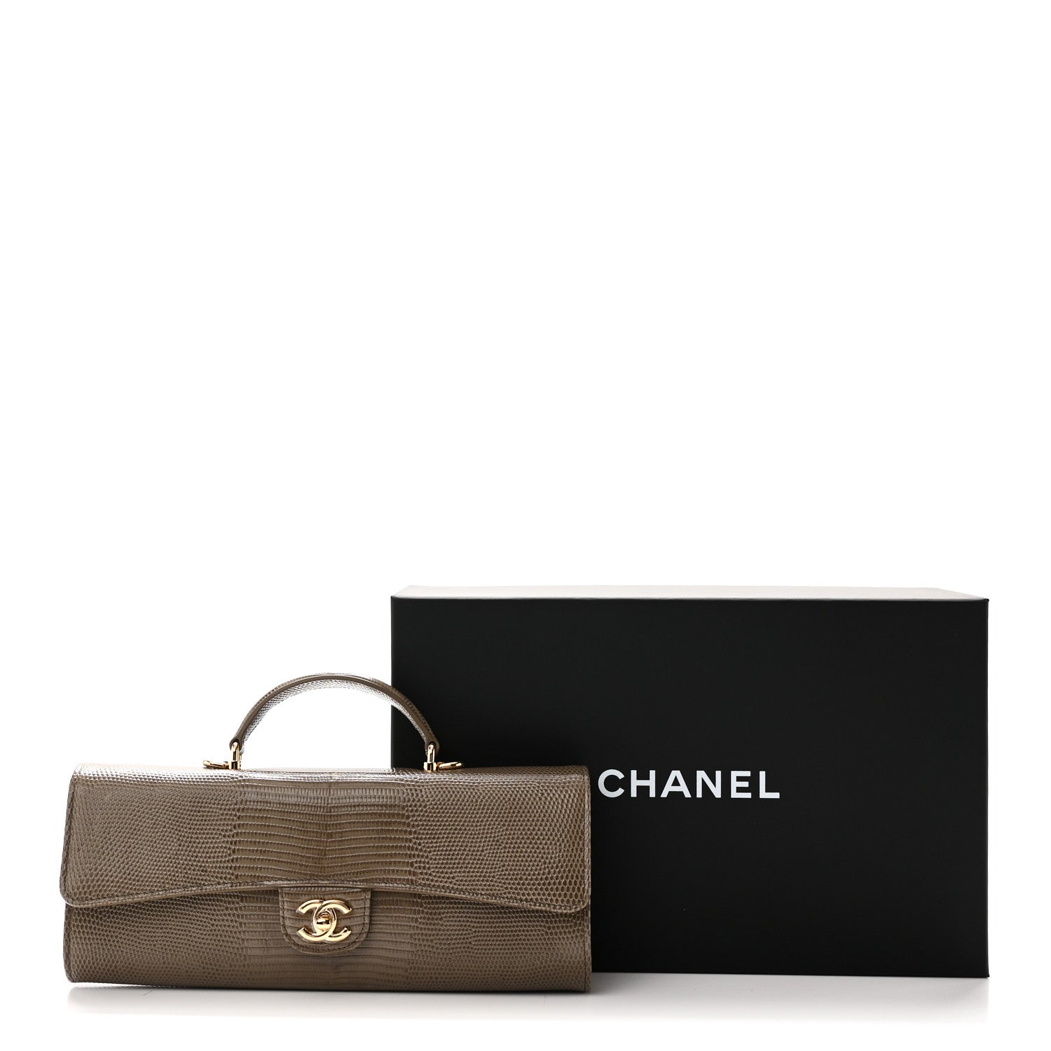 Chanel Calfskin Lizard Embossed Top Handle Long Clutch With Chain Dark Khaki 12 of 12