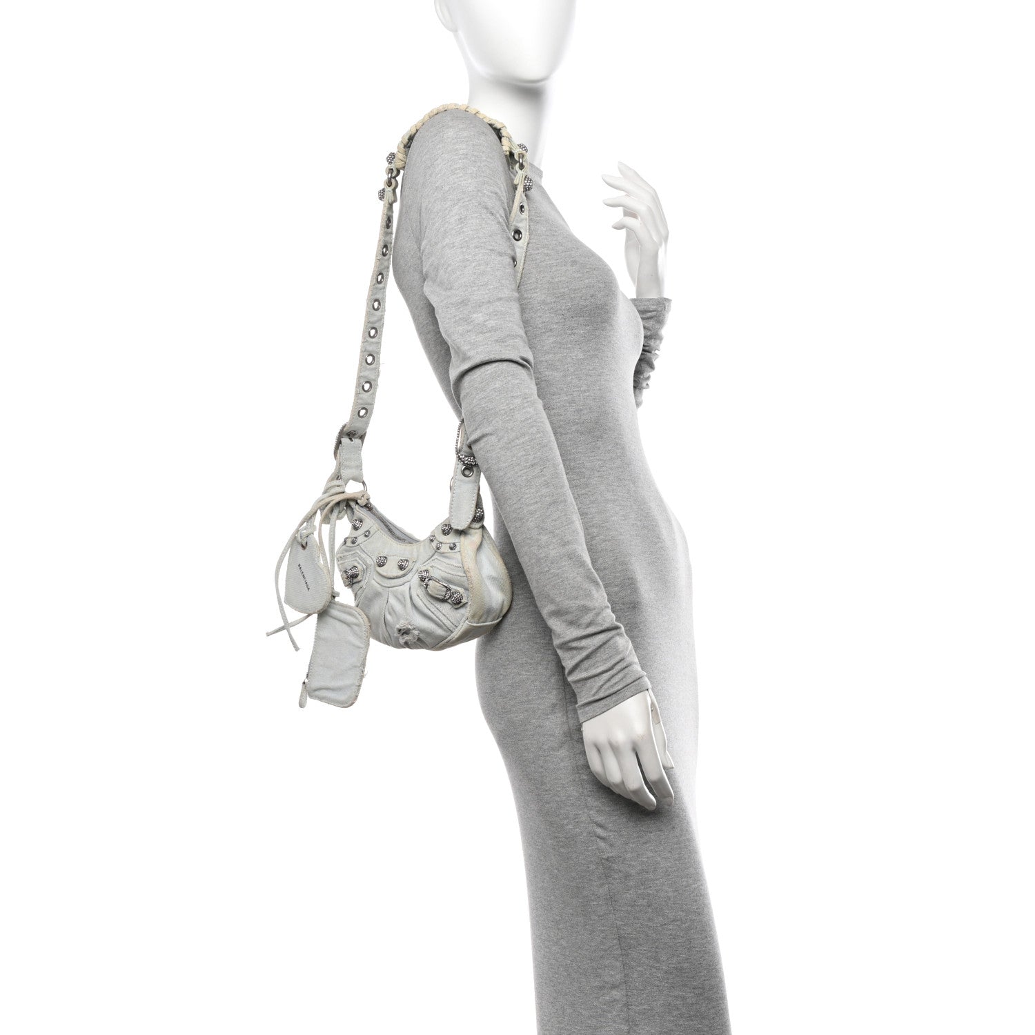 Balenciaga Washed Frayed Denim Crystal XS Le Cagole Shoulder Bag Pale Blue 2 of 16