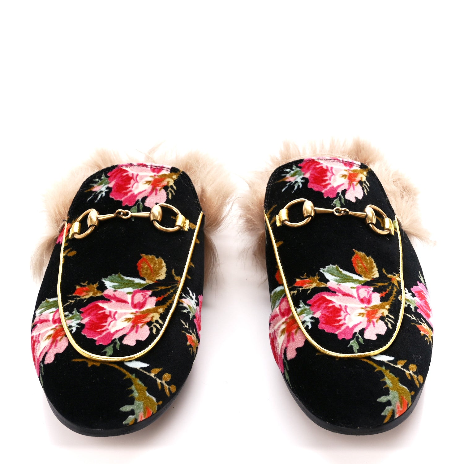 Gucci Velvet Fur Floral Womens Princetown Slippers 37.5 Black 2 of 9