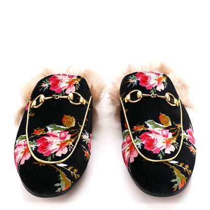 Gucci Velvet Fur Floral Womens Princetown Slippers 37.5 Black 2 of 9