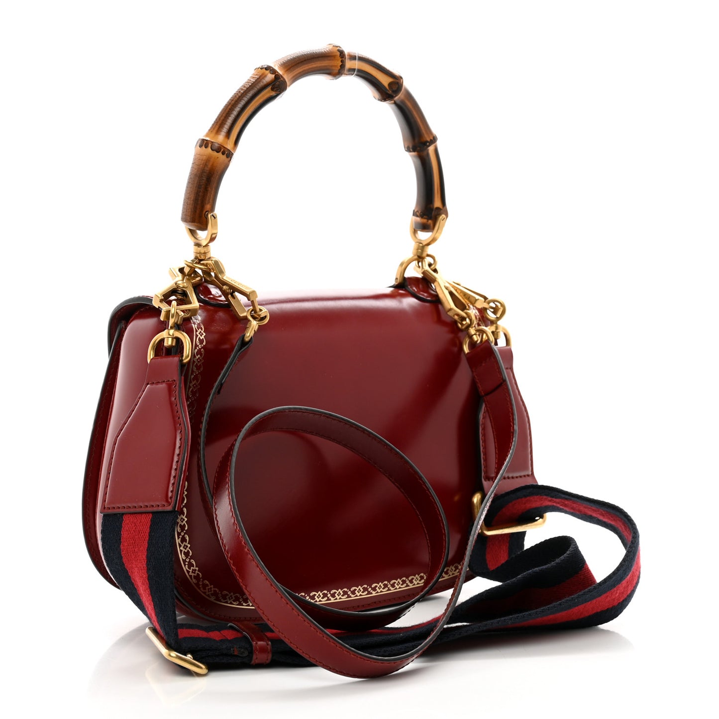 Calfskin Frame Print Bamboo 1947 Top Handle Bag Red Gold