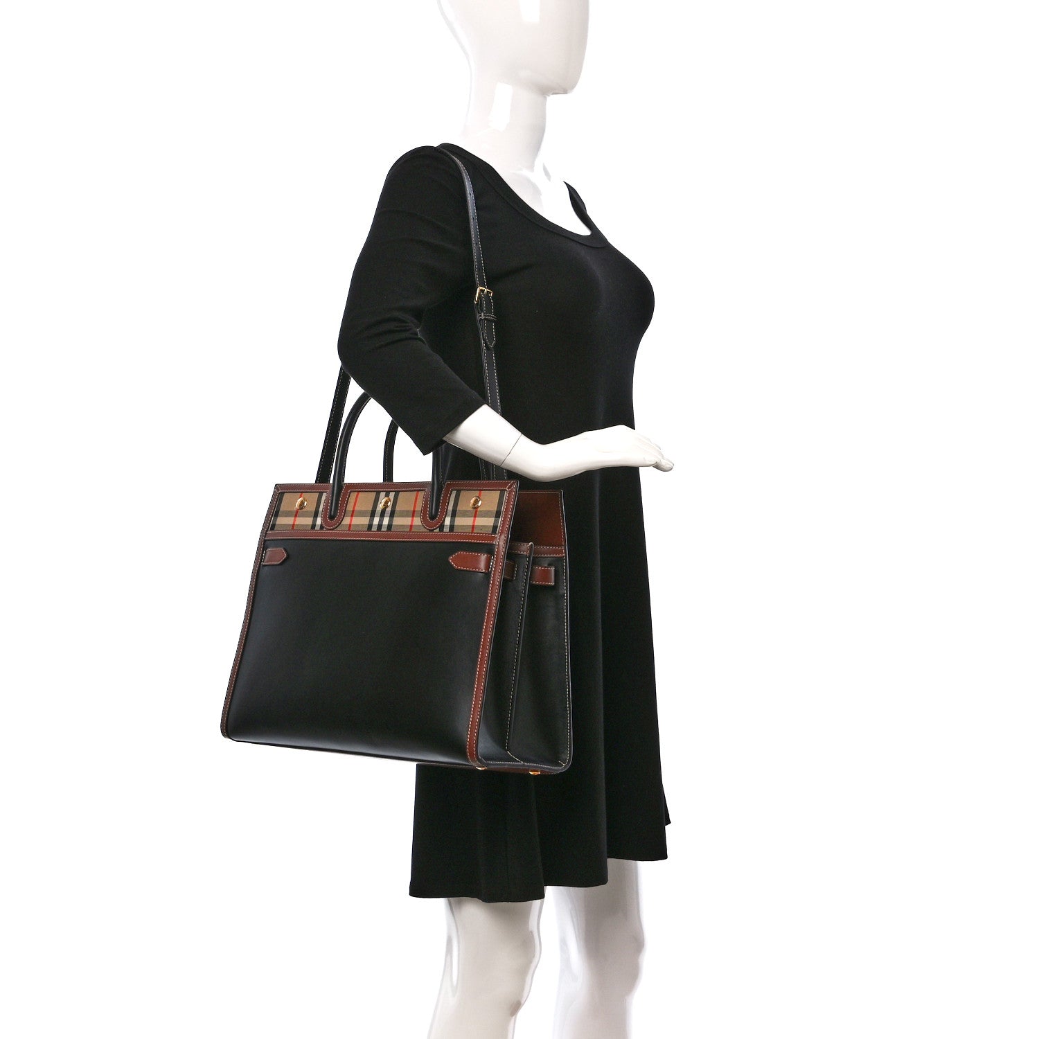 Burberry Calfskin Vintage Check Medium Two Handle Title Bag Black 2 of 8