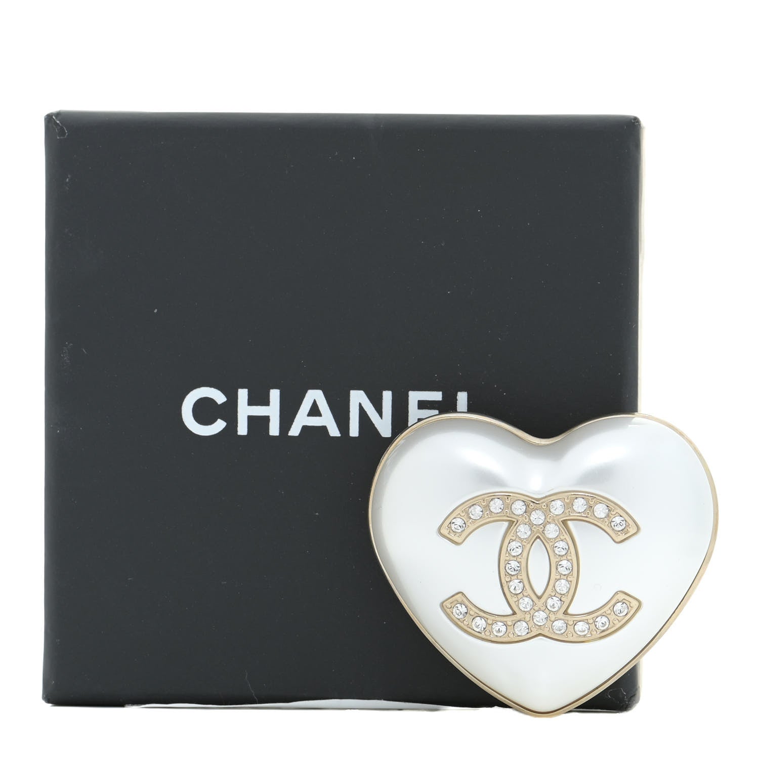 Chanel Resin Crystal CC Heart Brooch Pearly White Gold 5 of 5
