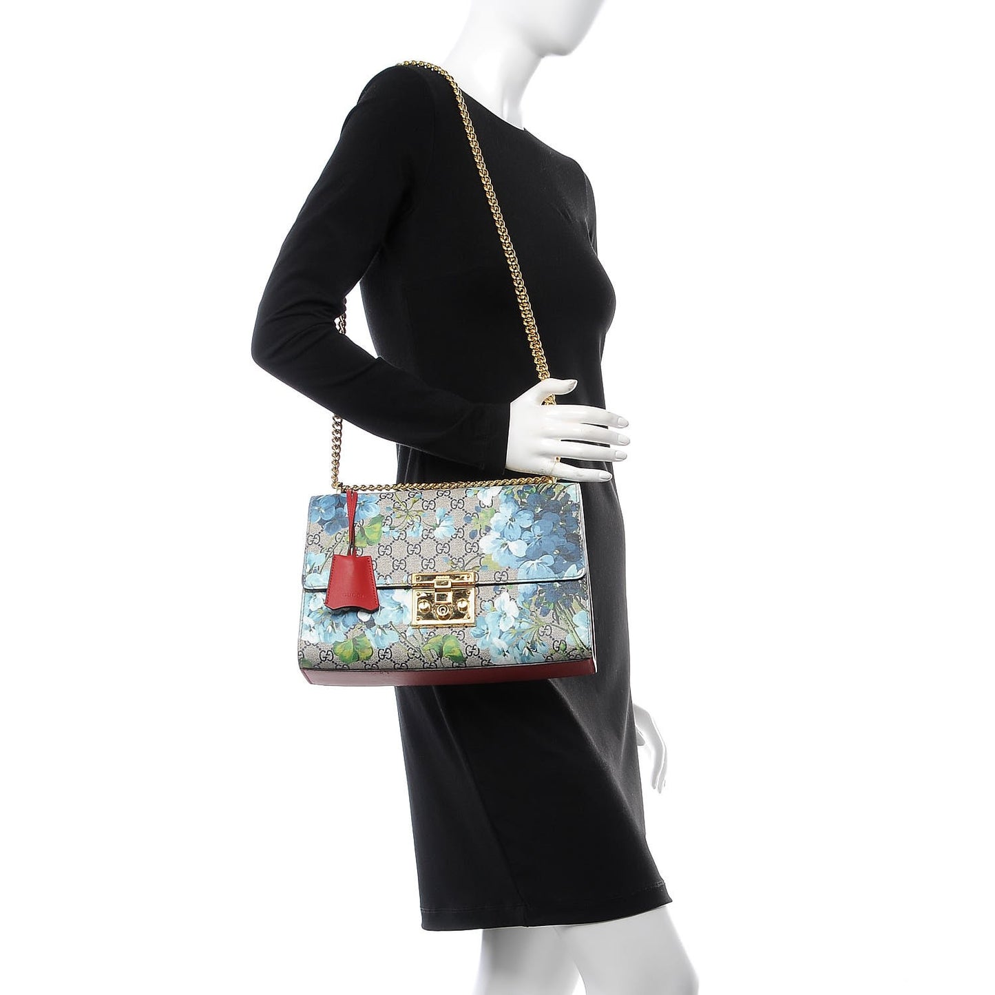 GG Supreme Monogram Blooms Medium Padlock Shoulder Bag Beige Blue Navy Hibiscus Red