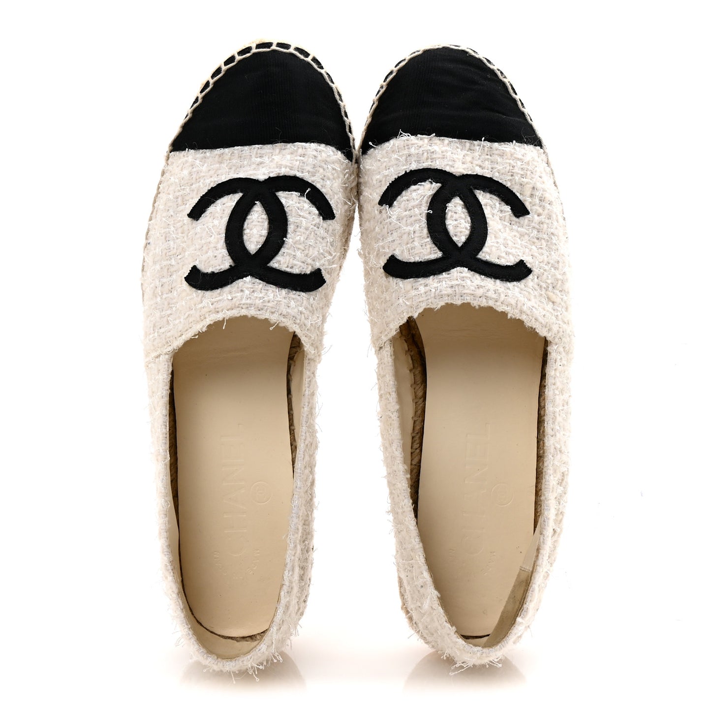 Tweed Grosgrain CC Espadrilles 39 White Black
