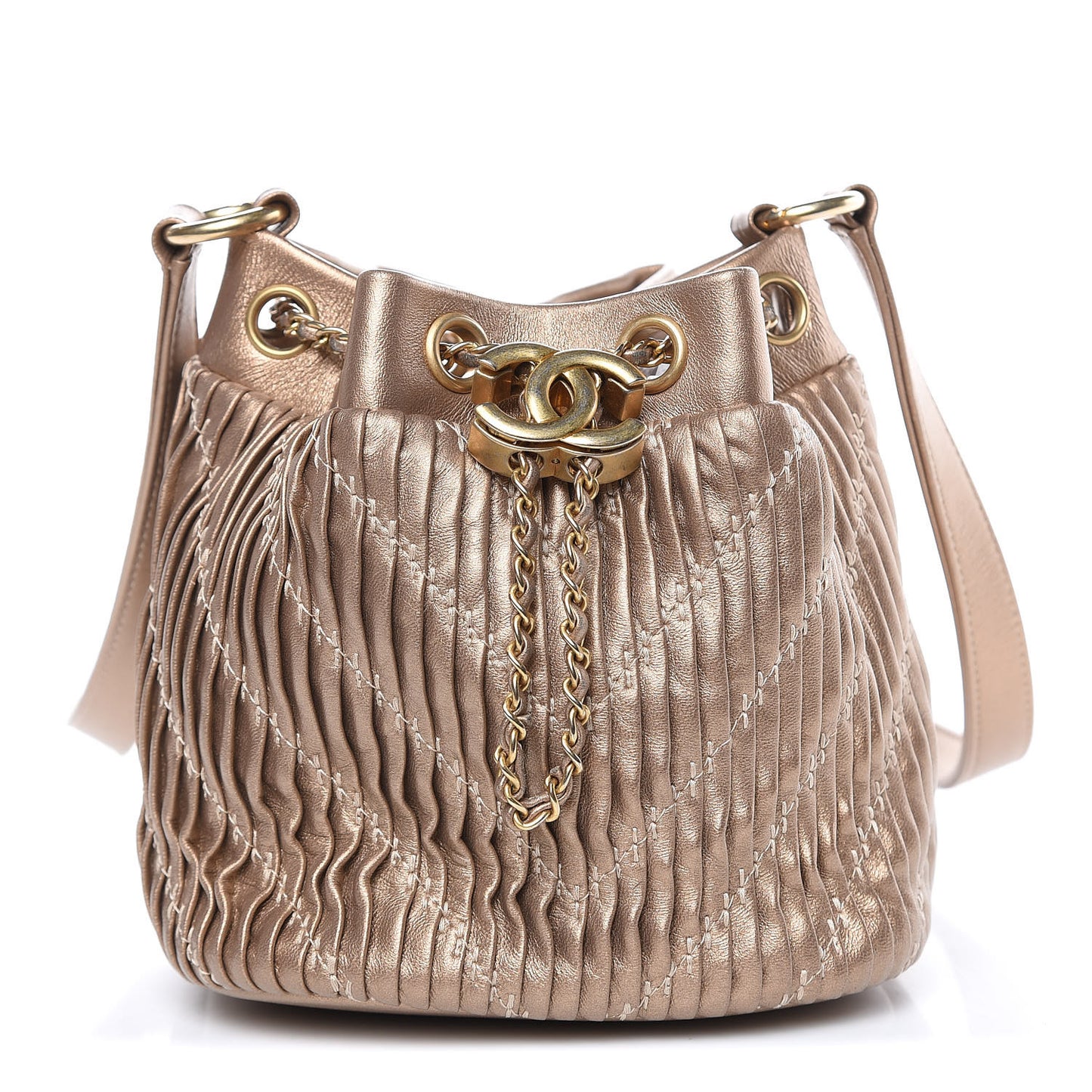 Metallic Lambskin Coco Pleats Small Drawstring Bag Gold
