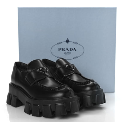 Prada Spazzolato Rois Metal Triangle Logo Monolith 55mm Loafers 37.5 Black 9 of 9
