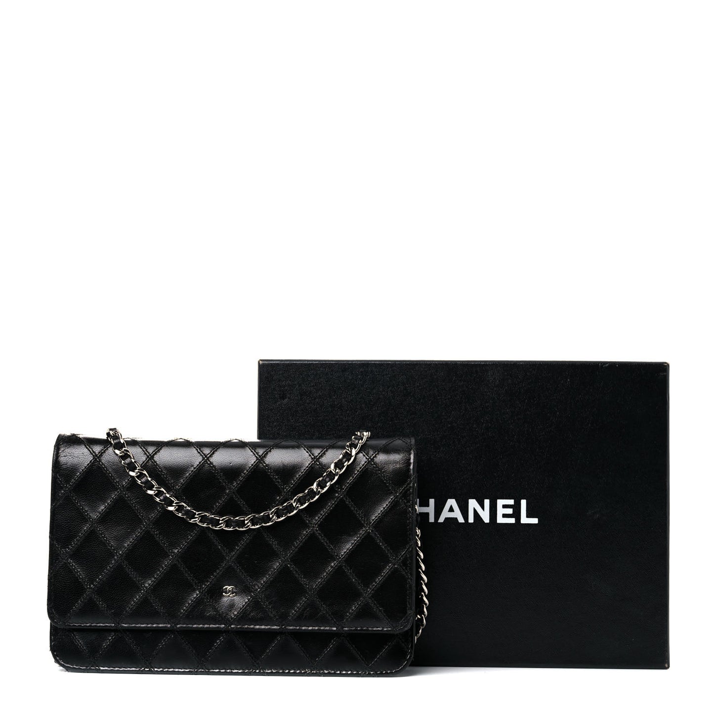 Lambskin Diamond Stitched Wallet On Chain WOC Black