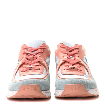 Chanel Nylon Lambskin Suede Calfskin CC Sneakers 41 Coral Light Blue White 5 of 7