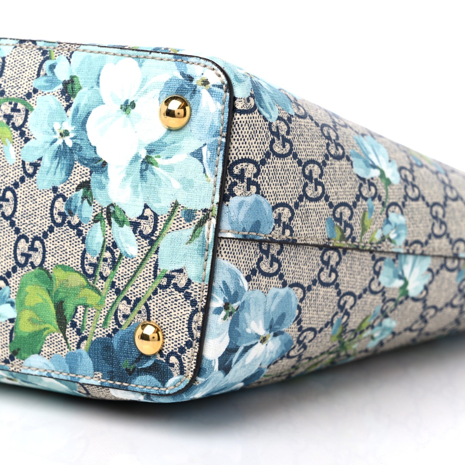 Gucci GG Supreme Monogram Blooms Medium Zippered Bucket Tote Beige Blue Navy Hibiscus Red 8 of 8