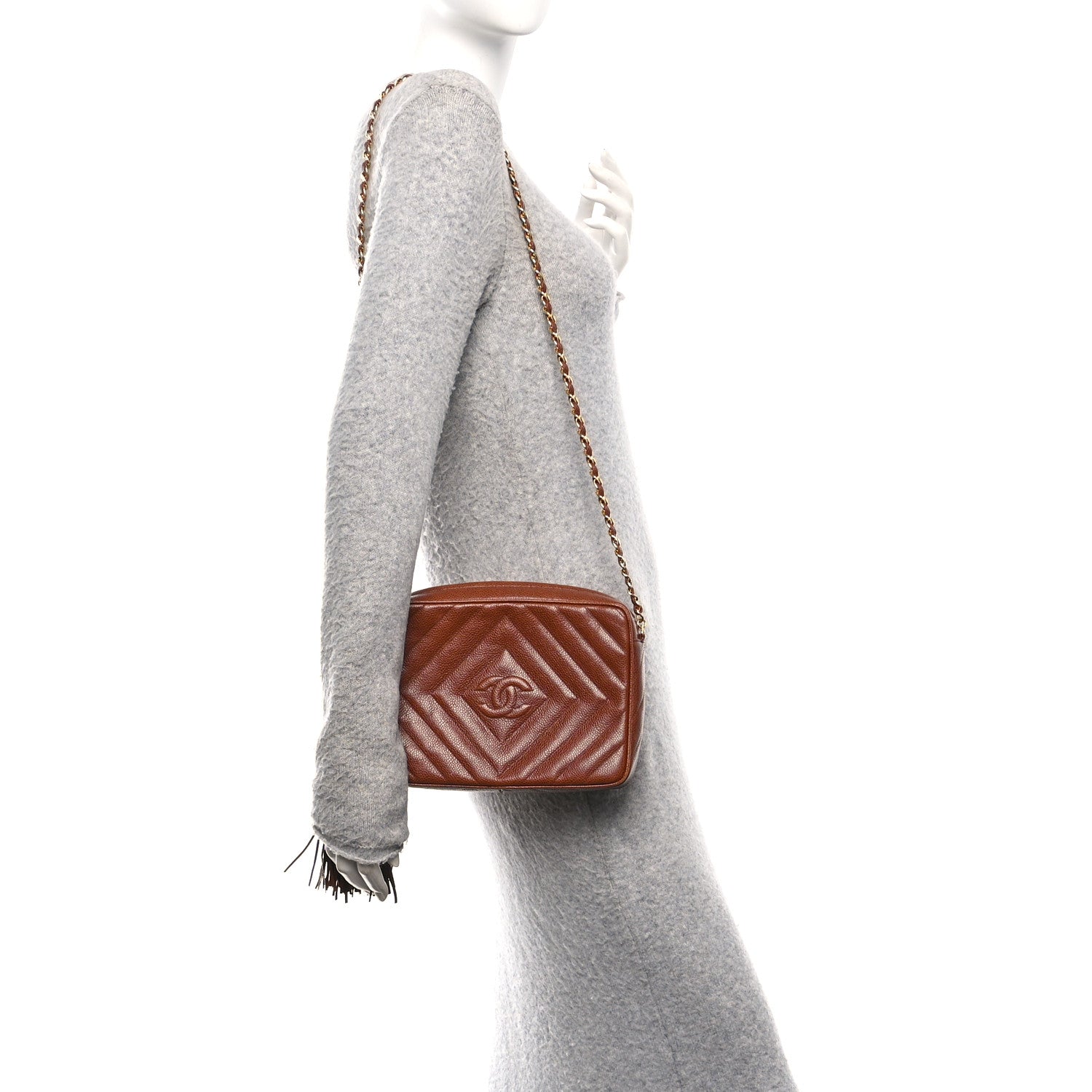 Chanel Caviar Chevron Quilted Tassel Camera Case Brown 2 of 14
