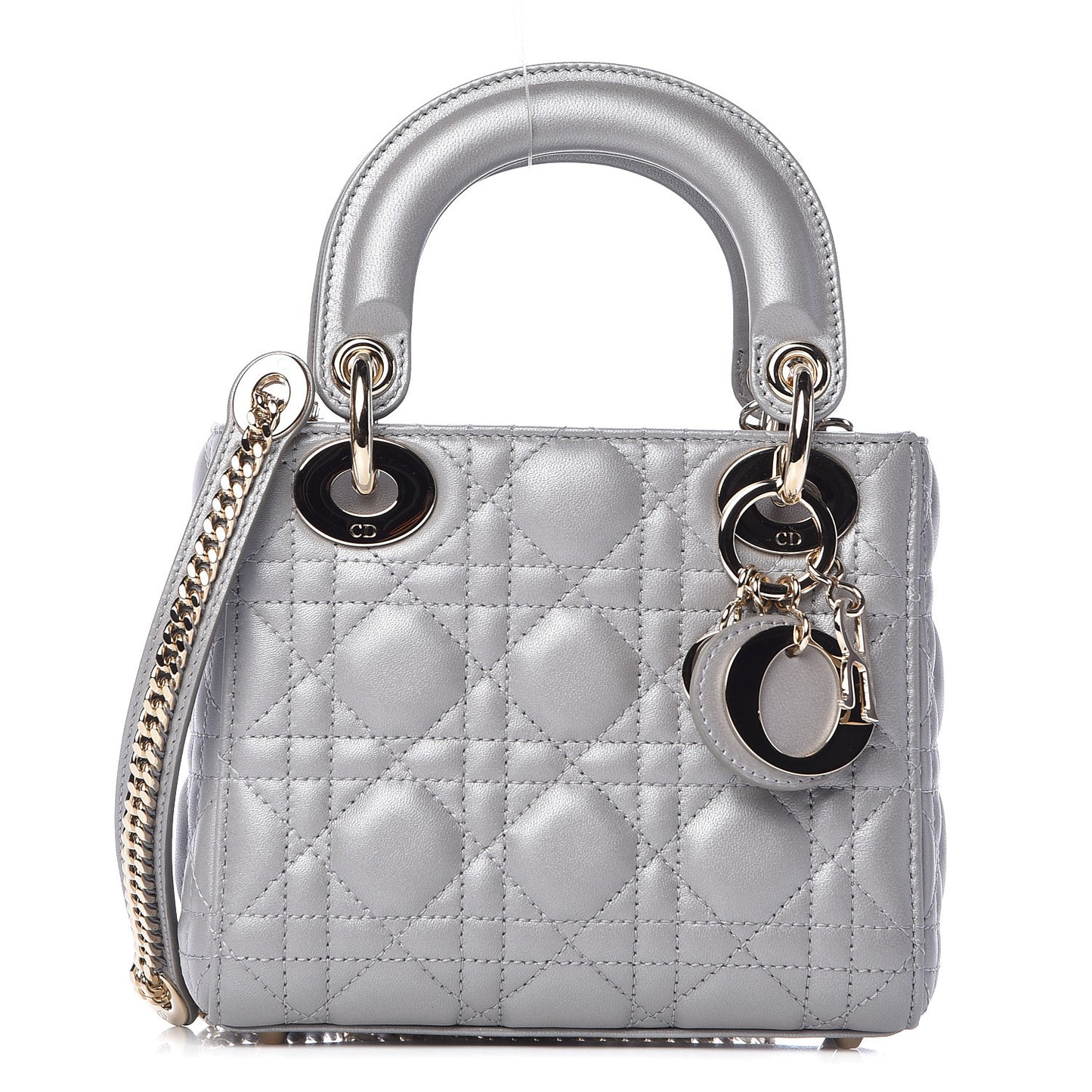 Metallic Lambskin Cannage Mini Lady Dior Grey