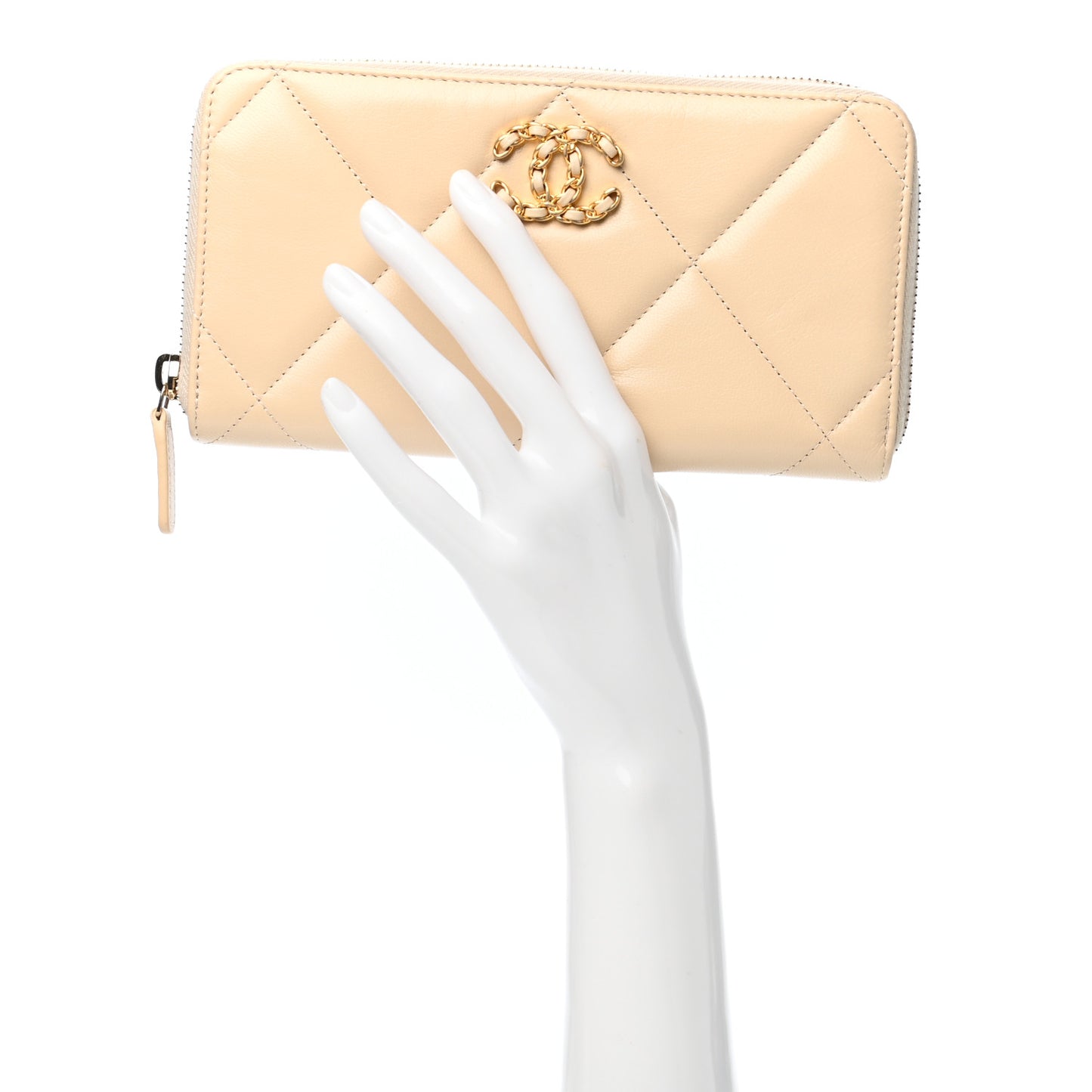 Shiny Goatskin Quilted 19 Long Zipped Around Wallet Beige
