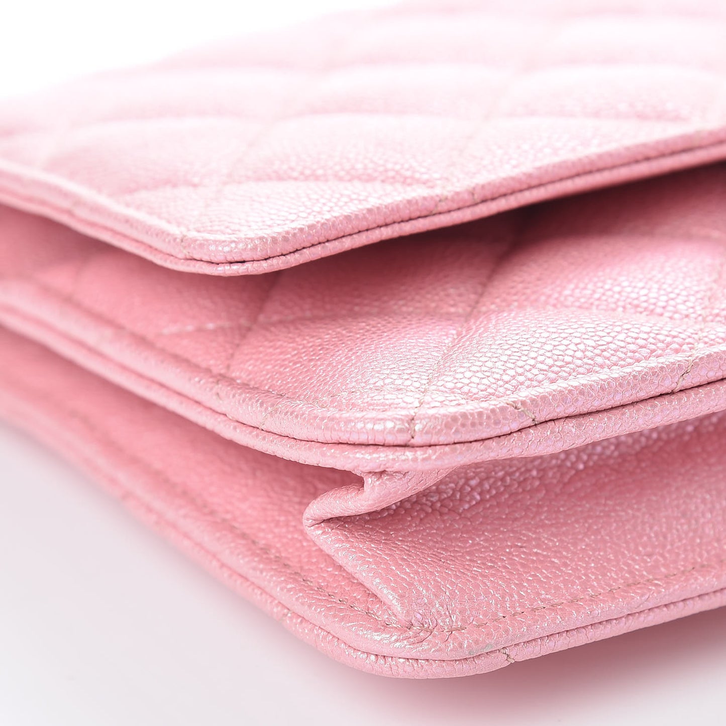 Iridescent Caviar Quilted Wallet on Chain WOC Rose Pink