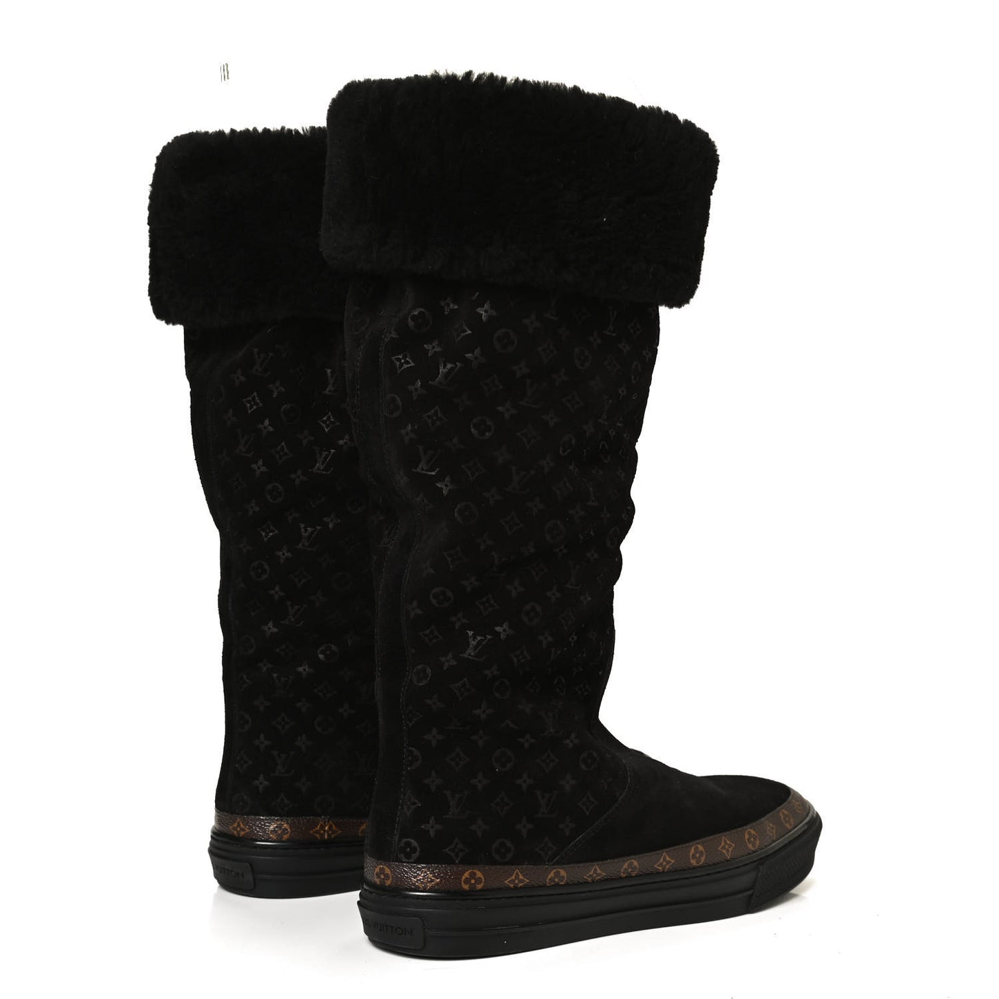 Suede Calfskin Monogram Embossed Snowball Flat Half Boots 39.5 Black